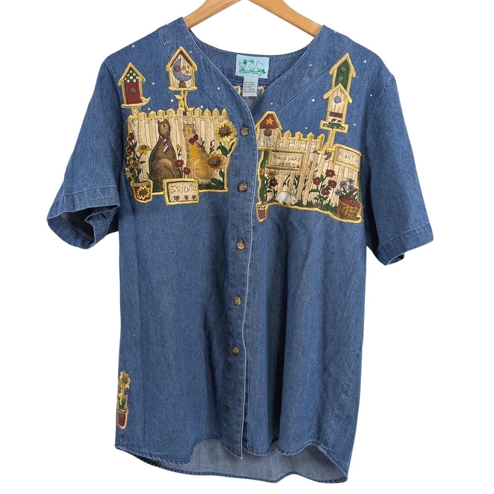 Vintage‎ Quacker Factory Shirt Womens Medium Cats Garden Embroidered 90s Denim
